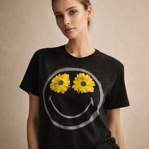 Desigual Black Tee with Sunflower Smiley Size Medium